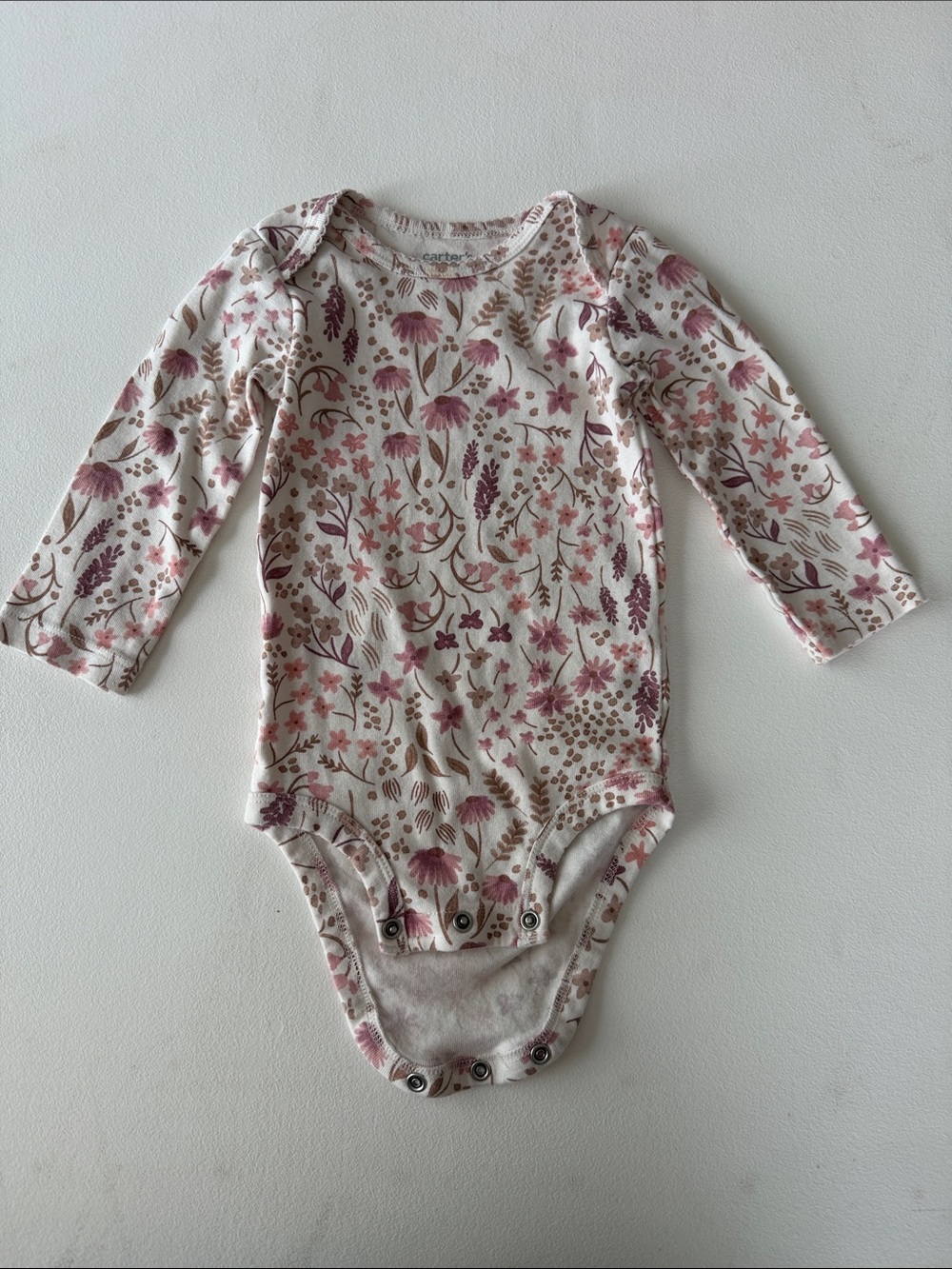 Carter's - Pink and Cream Floral Long-Sleeve One-Piece Bodysuit